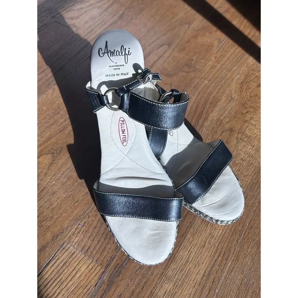 Amalfi by Rangoni Firenze Black‎ Leather Wedge Sandals Size 9 Italian Rope Sole